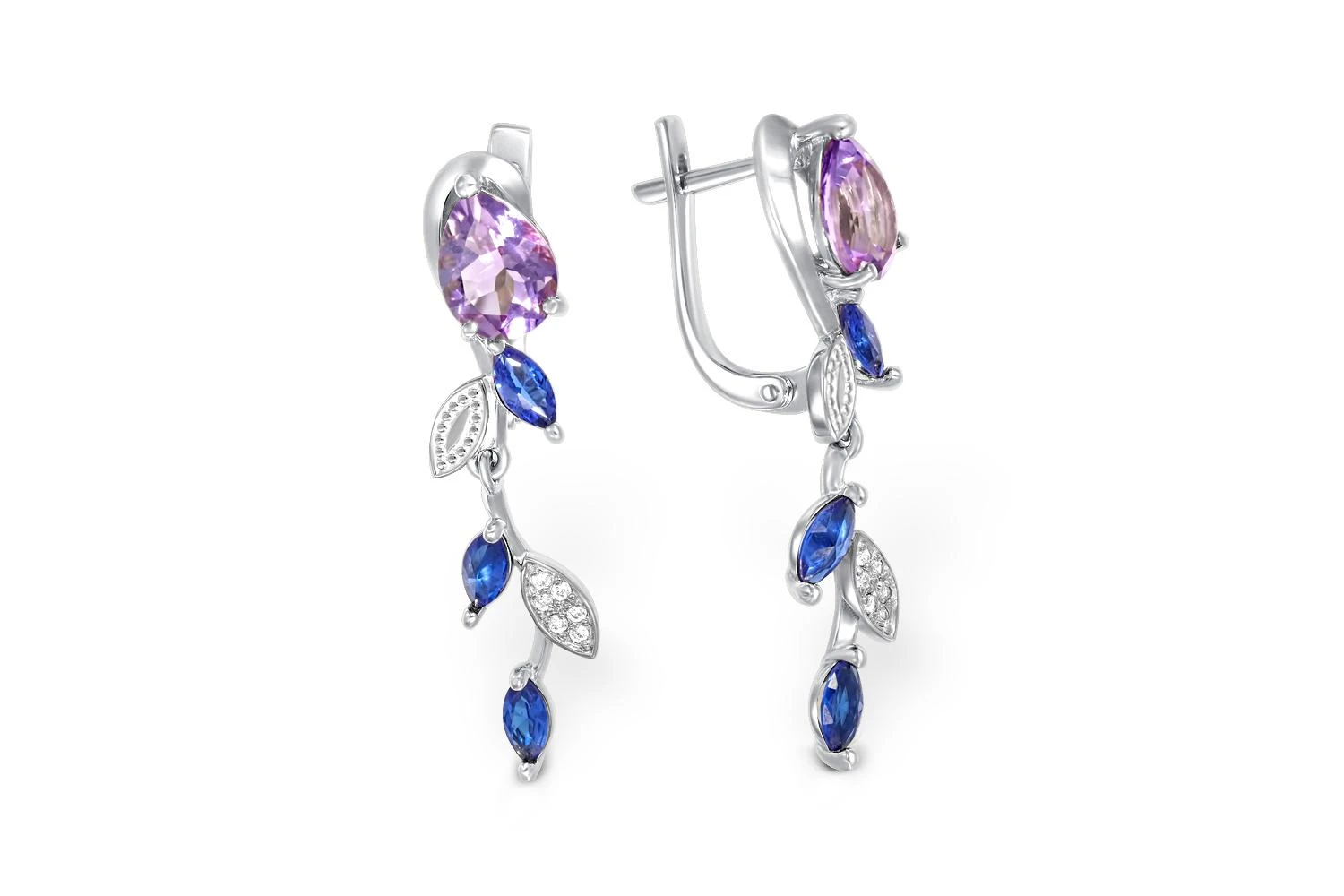 Серьги Веточки из белого золота с 2 аметистами и 18 фианитами