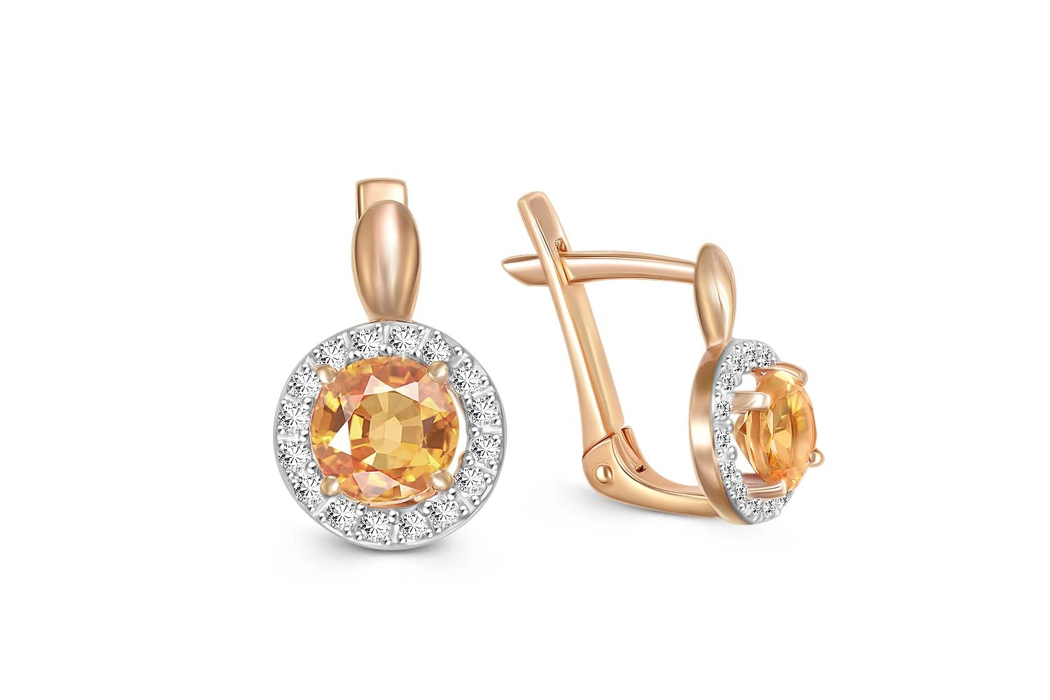 Серьги из красного золота с 2 цитринами и 32 фианитами