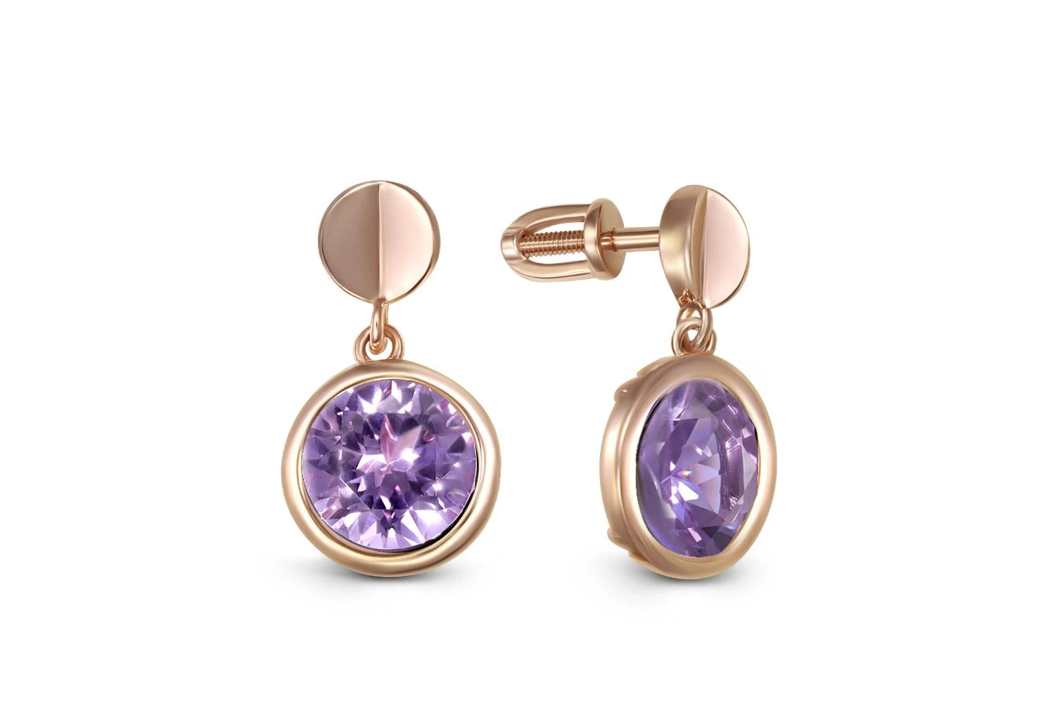 Серьги-пусеты из красного золота с 2 аметистами