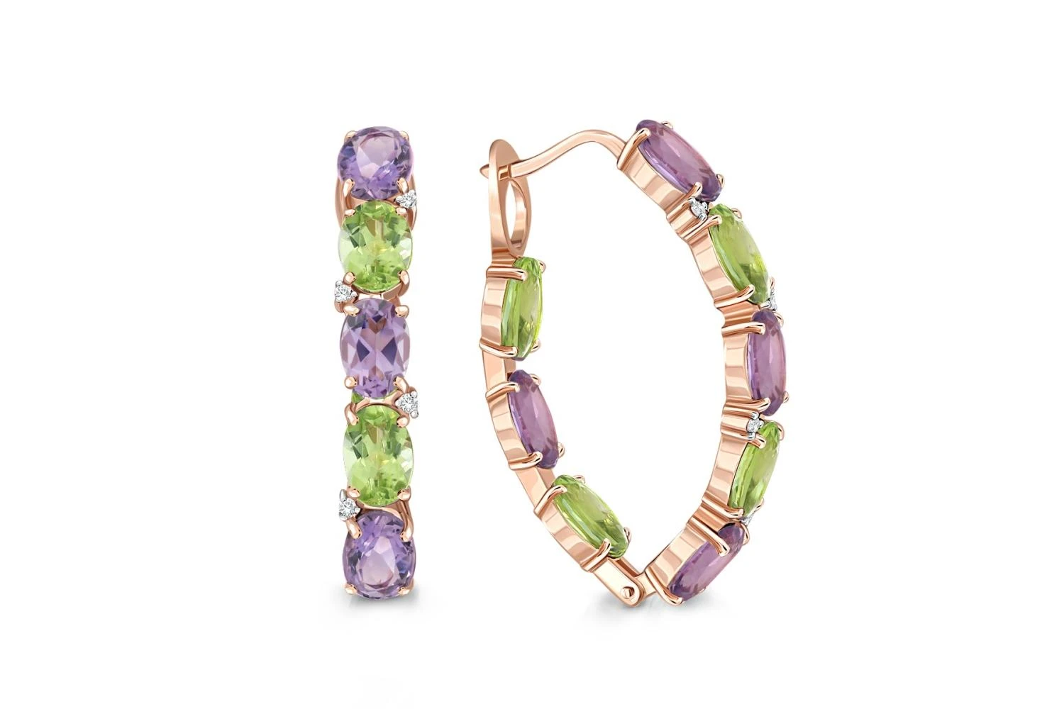 Серьги из красного золота с аметистами, хризолитами и фианитами