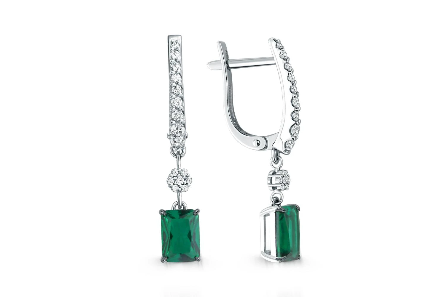 Серьги из белого золота с 2 изумрудами и 32 фианитами