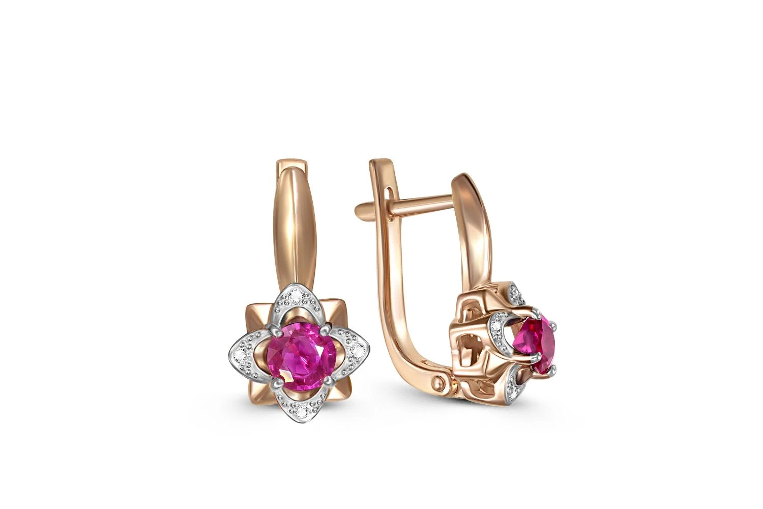 Серьги Цветы из красного золота с 2 корундами и 8 бриллиантами