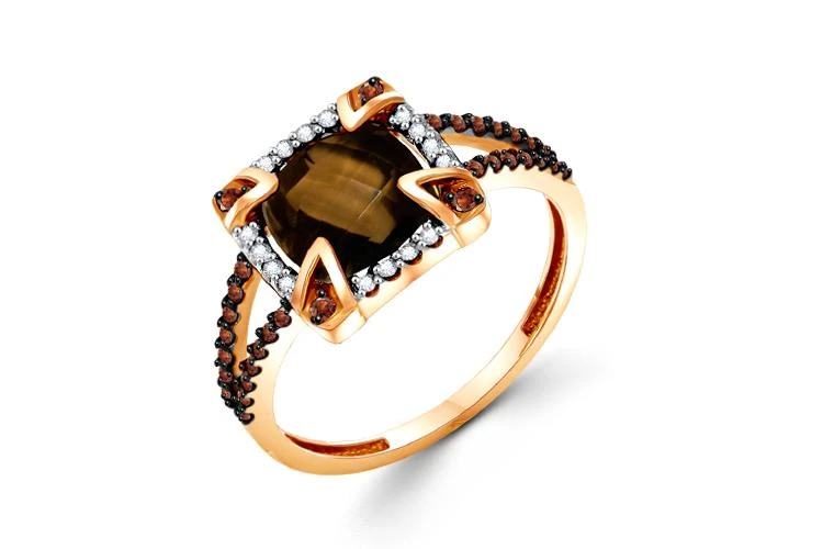 Кольцо из красного золота с раухтопазом и 48 фианитами