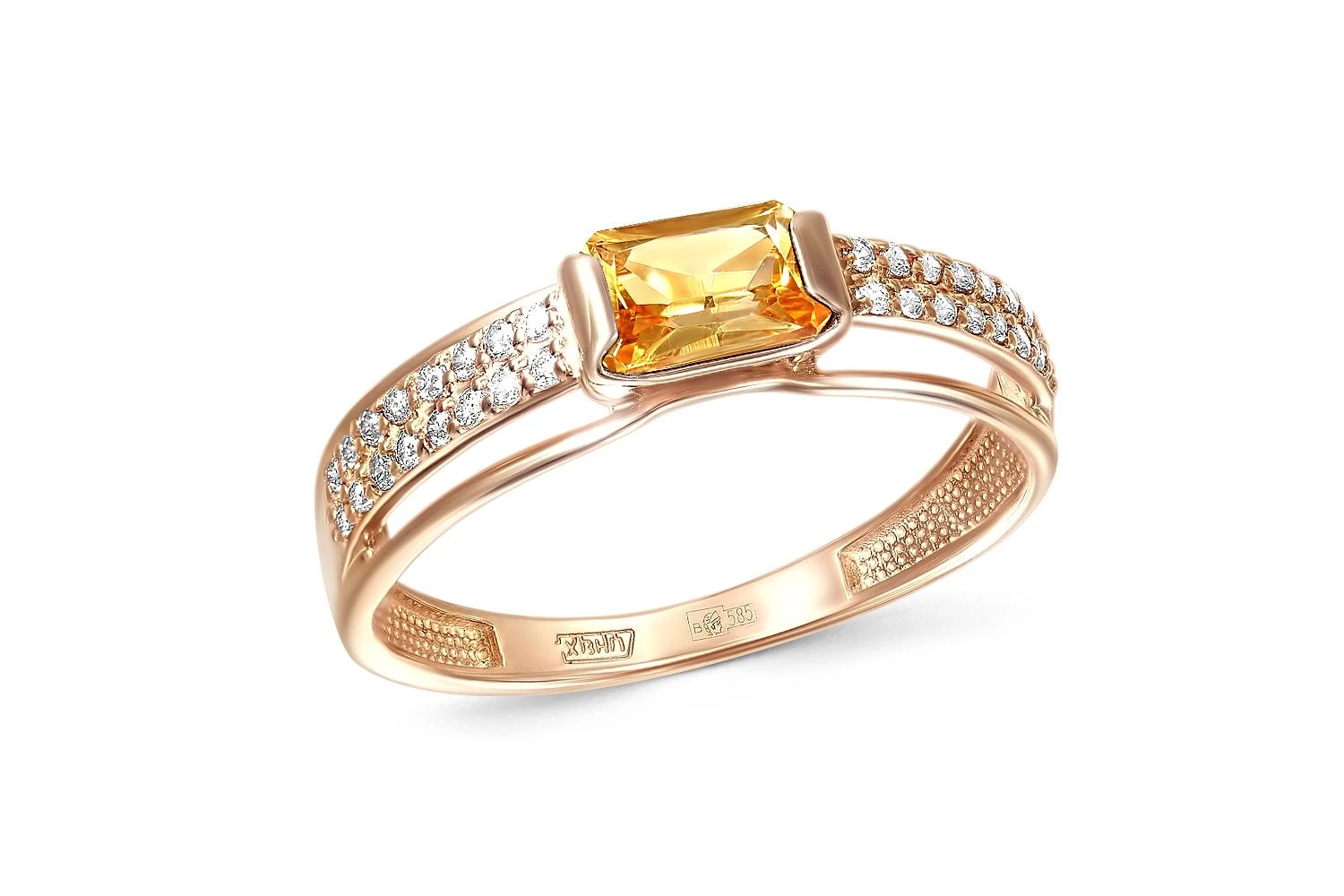 Кольцо из красного золота с цитрином и 32 фианитами