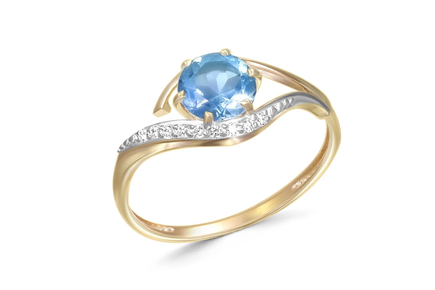 Кольцо из жёлтого золота с топазом sky и 9 фианитами
