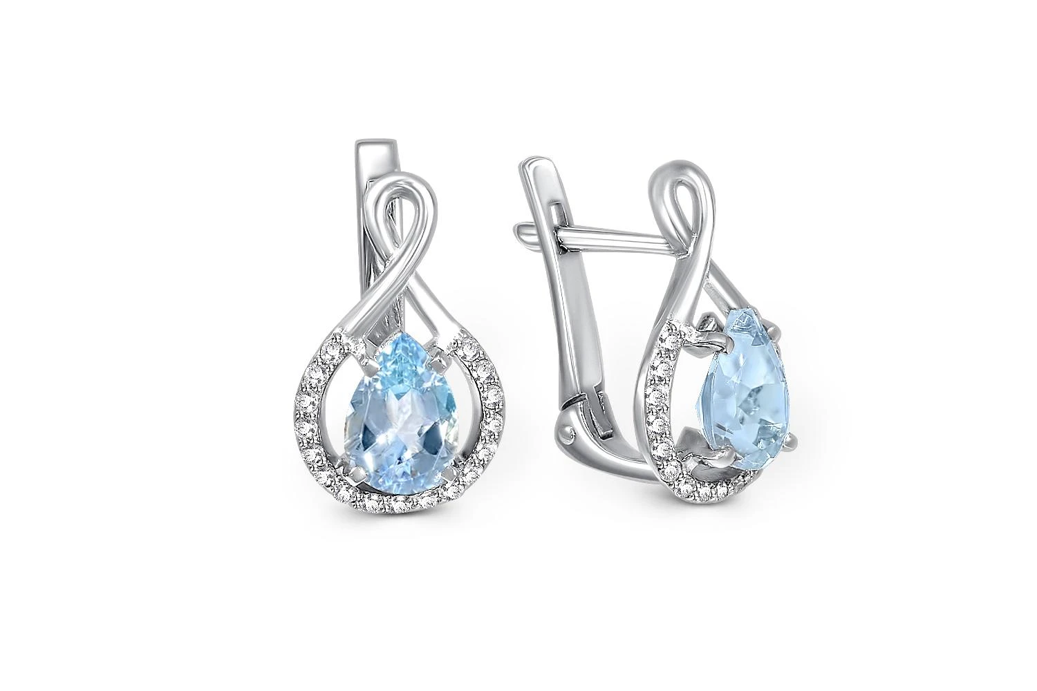 Серьги из белого золота с 2 топазами sky и 34 фианитами