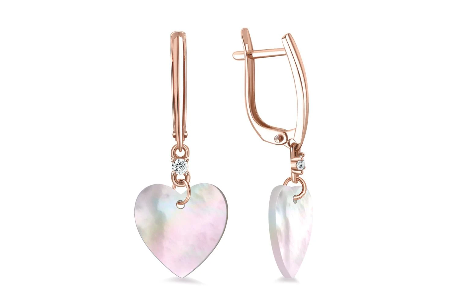 Серьги Сердца из красного золота с перламутром и 2 фианитами