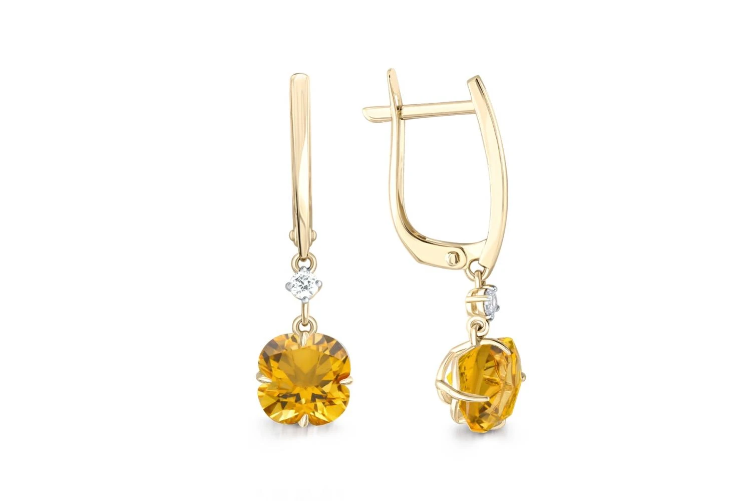 Серьги из жёлтого золота с 2 цитринами и 2 фианитами