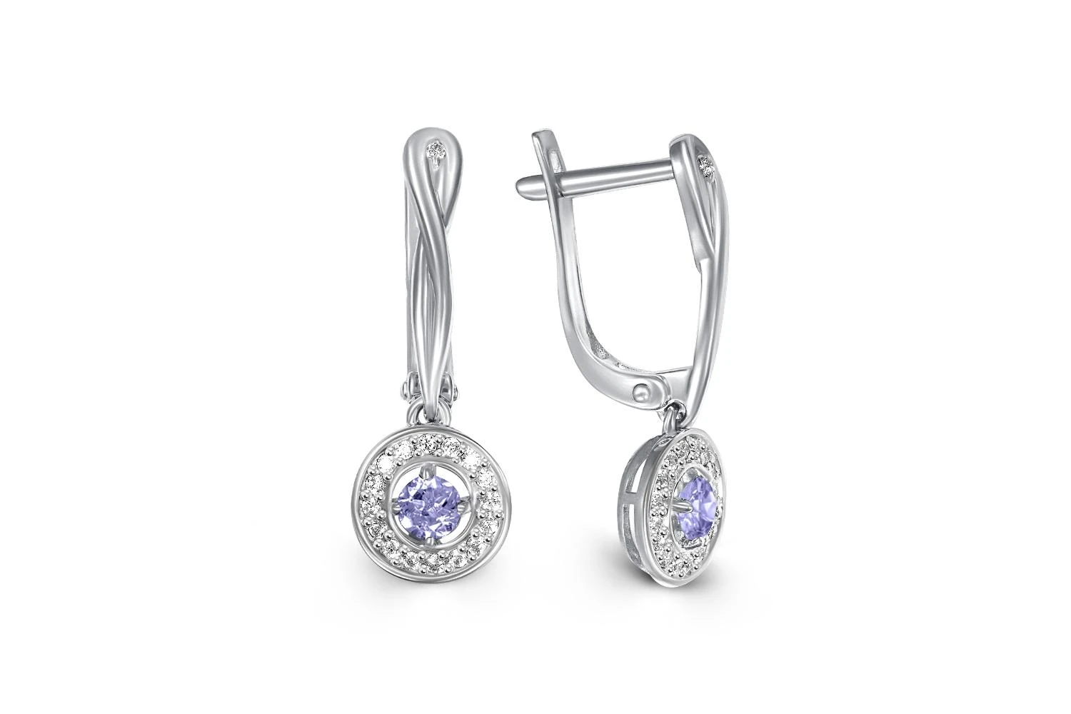 Серьги из белого золота с 2 танзанитами и 34 фианитами