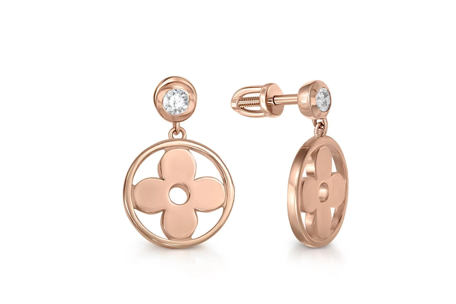 Серьги-пусеты Клевер из красного золота с 2 фианитами