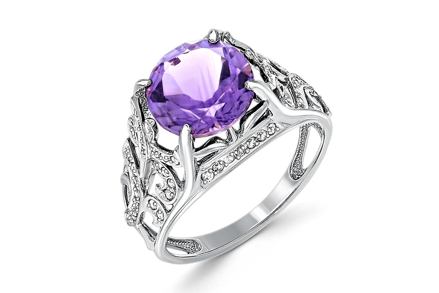 Кольцо из белого золота с аметистом и 62 фианитами