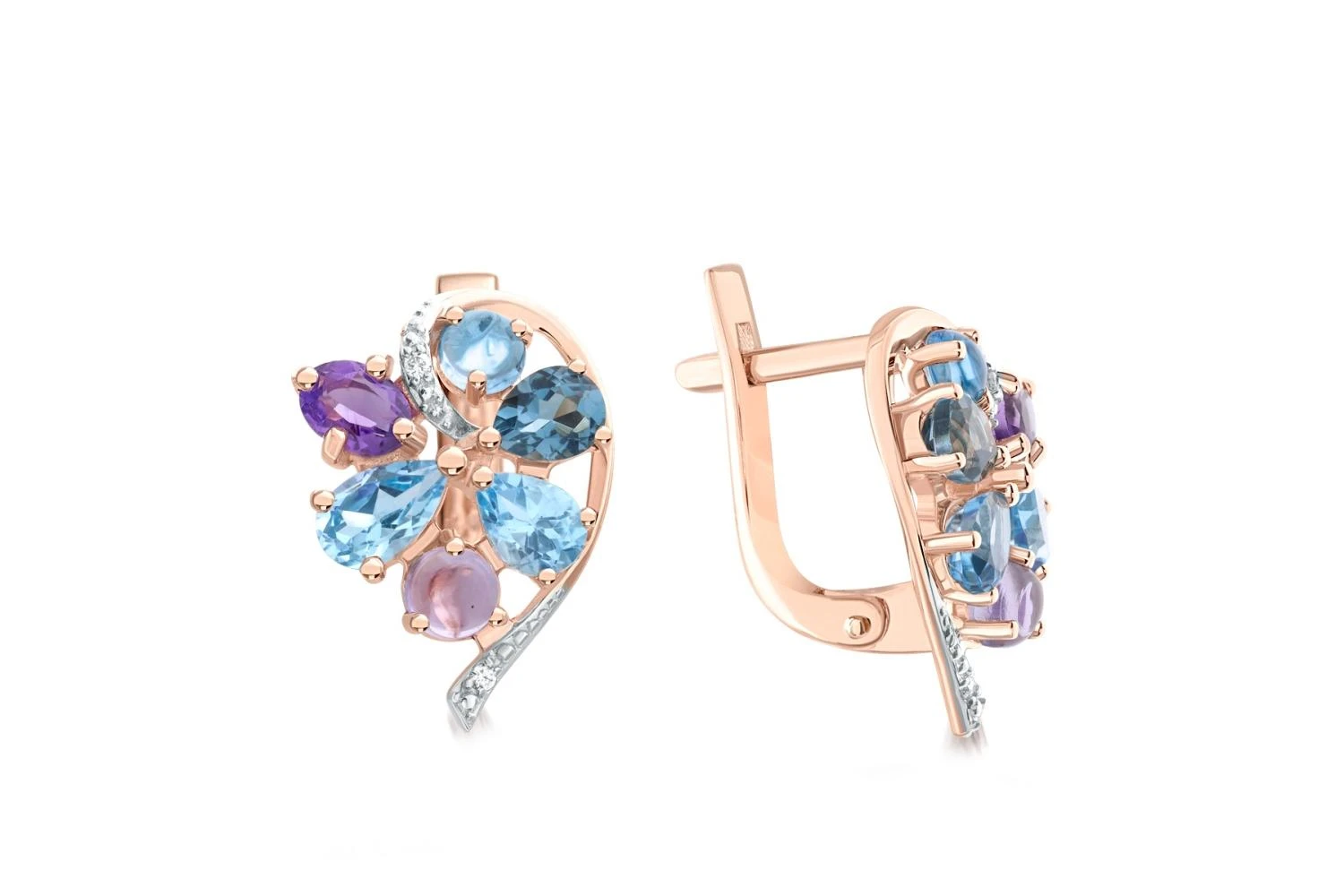 Серьги Цветы из красного золота с топазами swiss, топазами лондон и фианитами