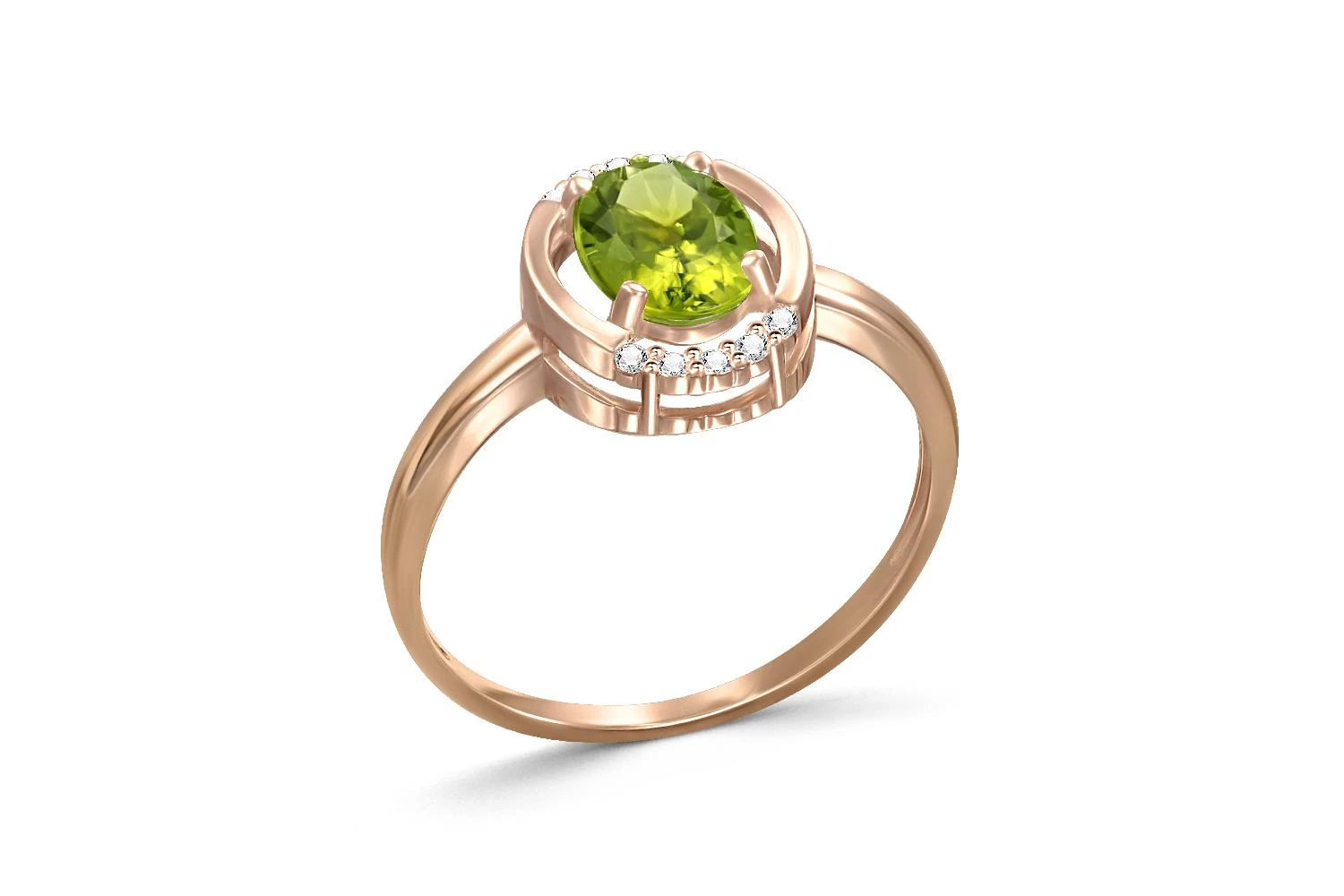 Кольцо из красного золота с хризолитом и 10 фианитами