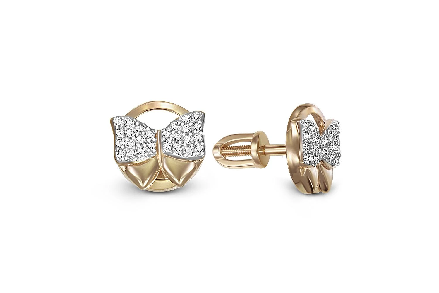 Серьги-пусеты Бабочки из жёлтого золота с 52 фианитами