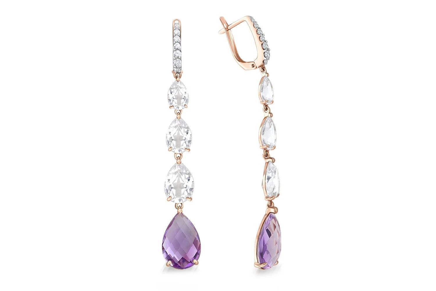 Серьги из красного золота с 2 аметистами и 20 фианитами
