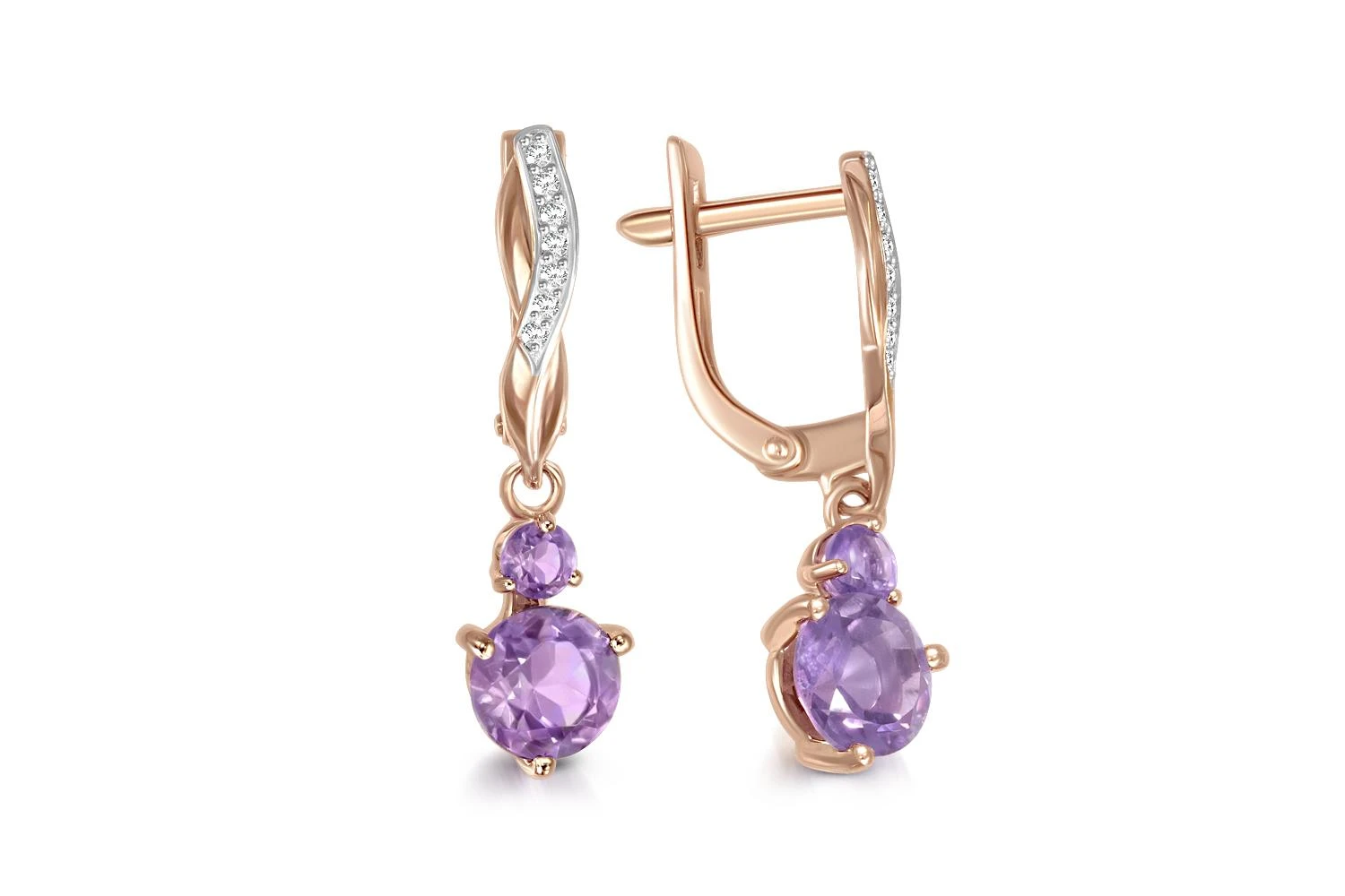 Серьги из красного золота с 4 аметистами и 14 фианитами