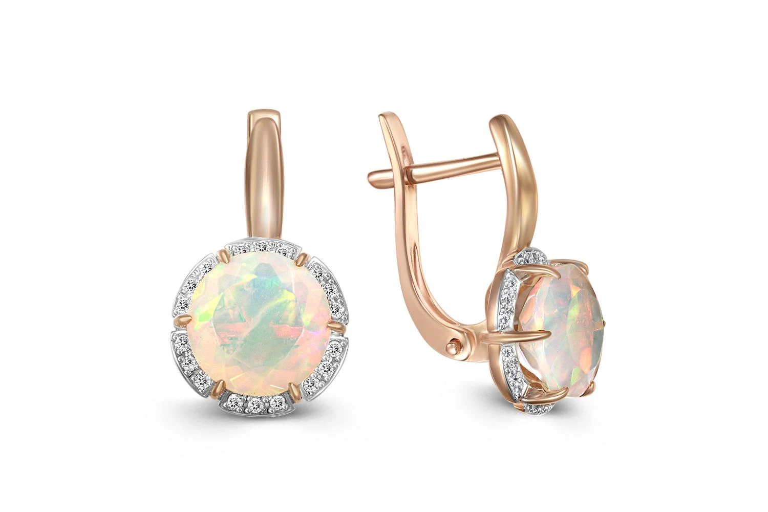 Серьги из красного золота с 2 опалами и 36 фианитами