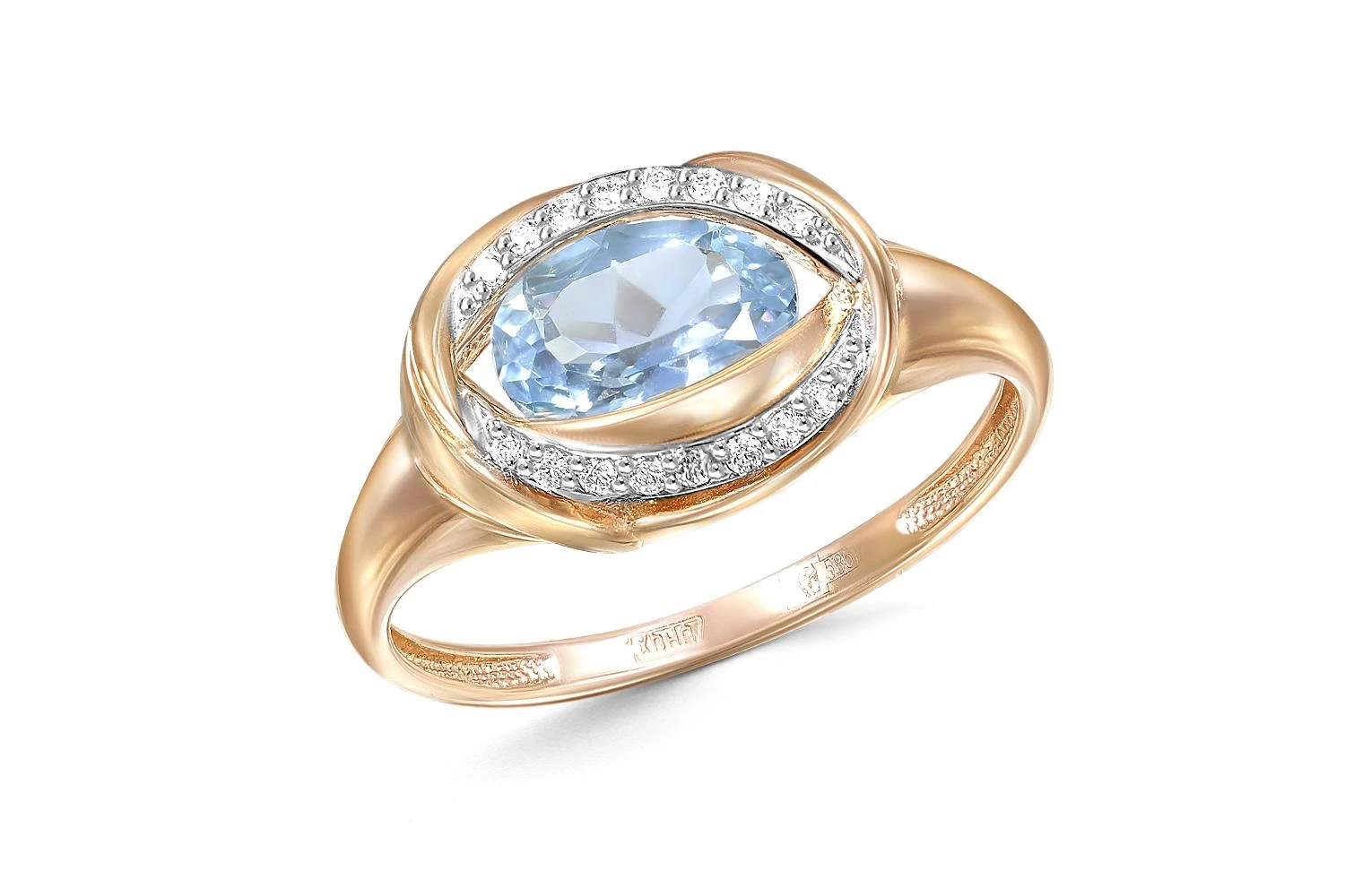 Кольцо из красного золота с топазом sky и 16 фианитами