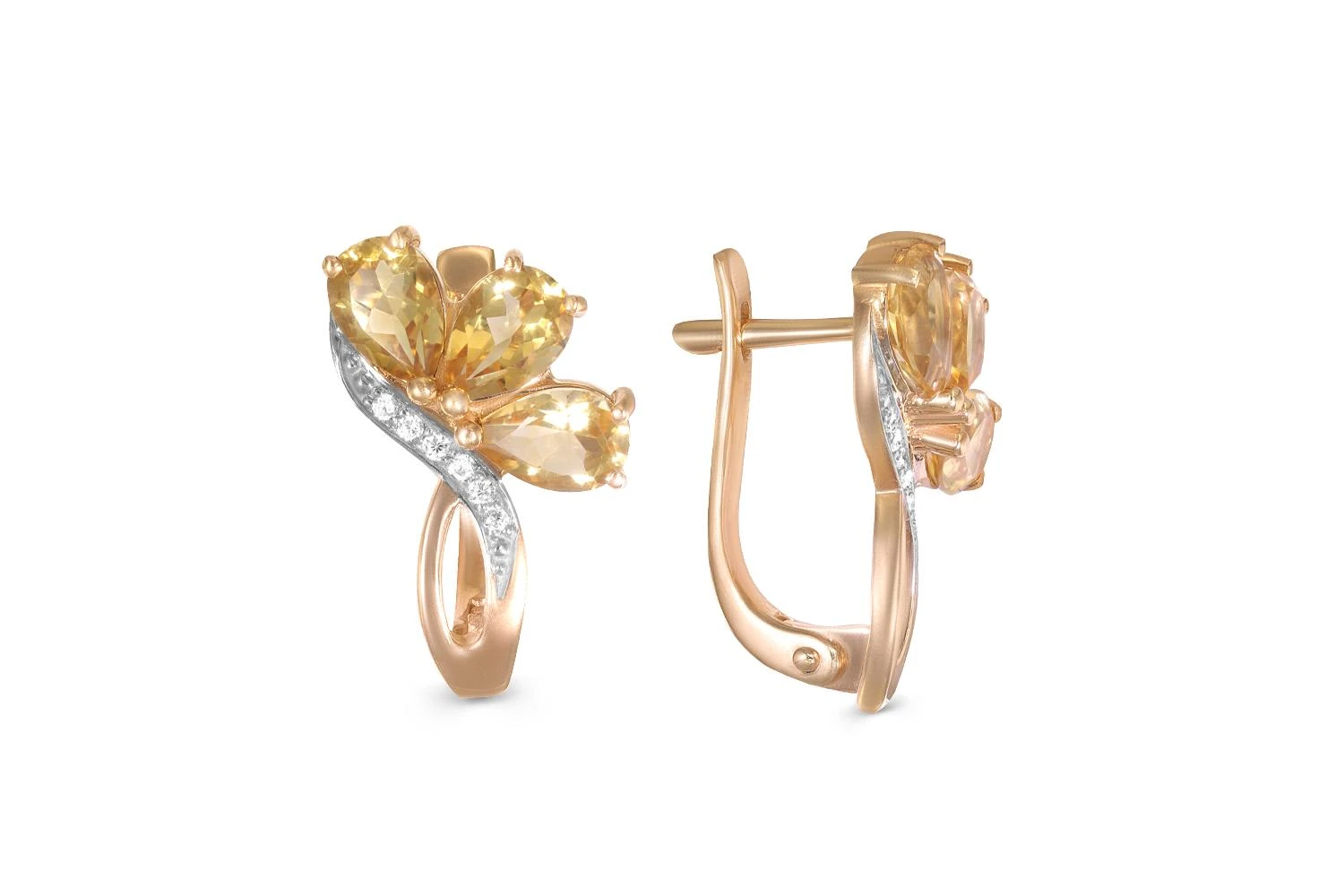 Серьги Цветы из красного золота с 6 цитринами и 12 фианитами