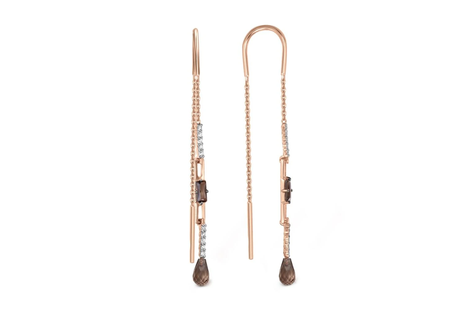 Серьги-продёвки из красного золота с 4 раухтопазами и 20 фианитами