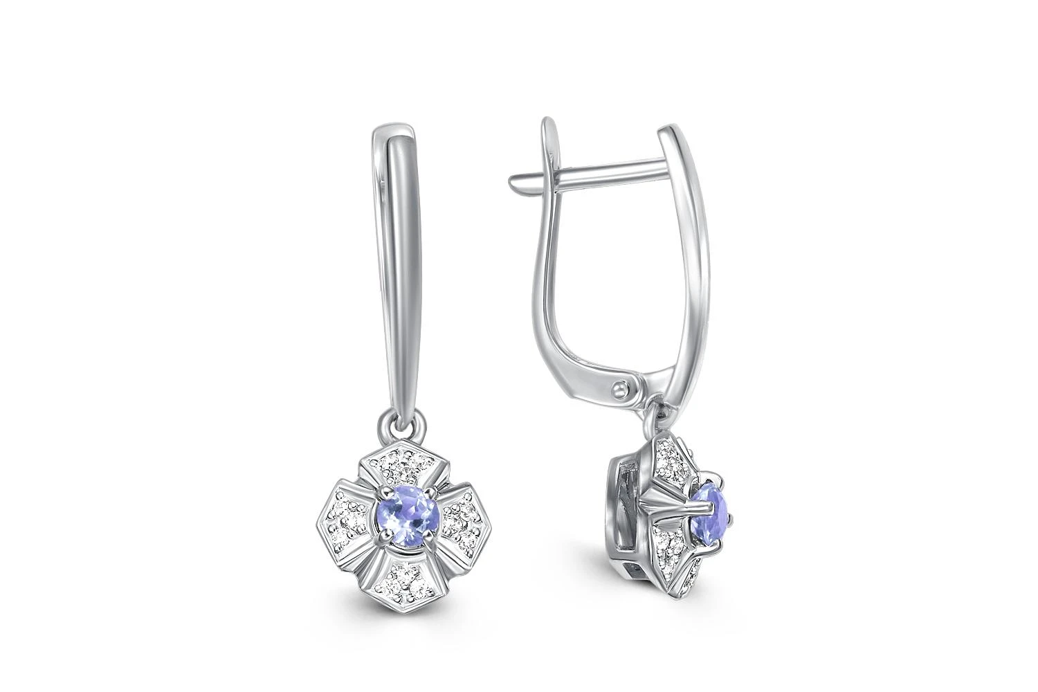 Серьги Цветы из белого золота с 2 танзанитами и 24 фианитами
