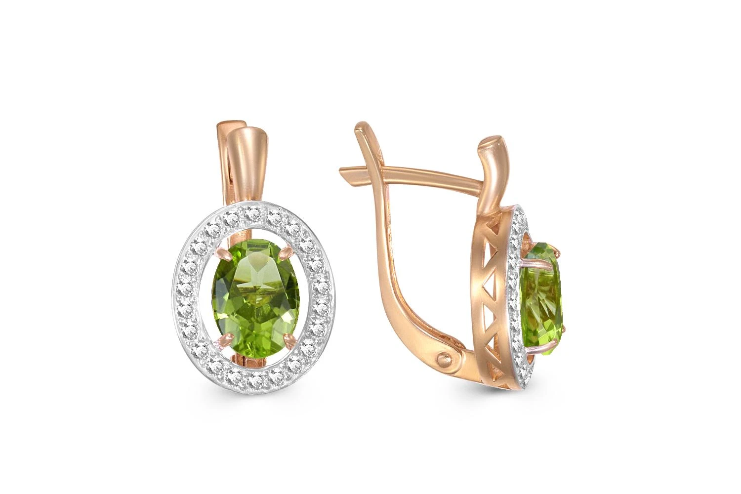 Серьги из красного золота с 2 хризолитами и 44 фианитами