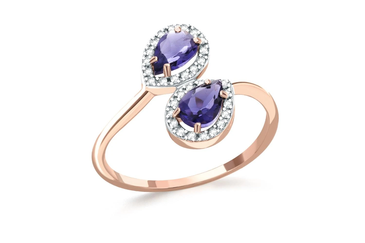 Кольцо из красного золота с 2 иолитами и 32 фианитами