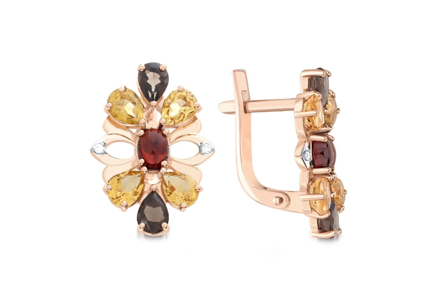 Серьги Цветы из красного золота с гранатами, раухтопазами и цитринами