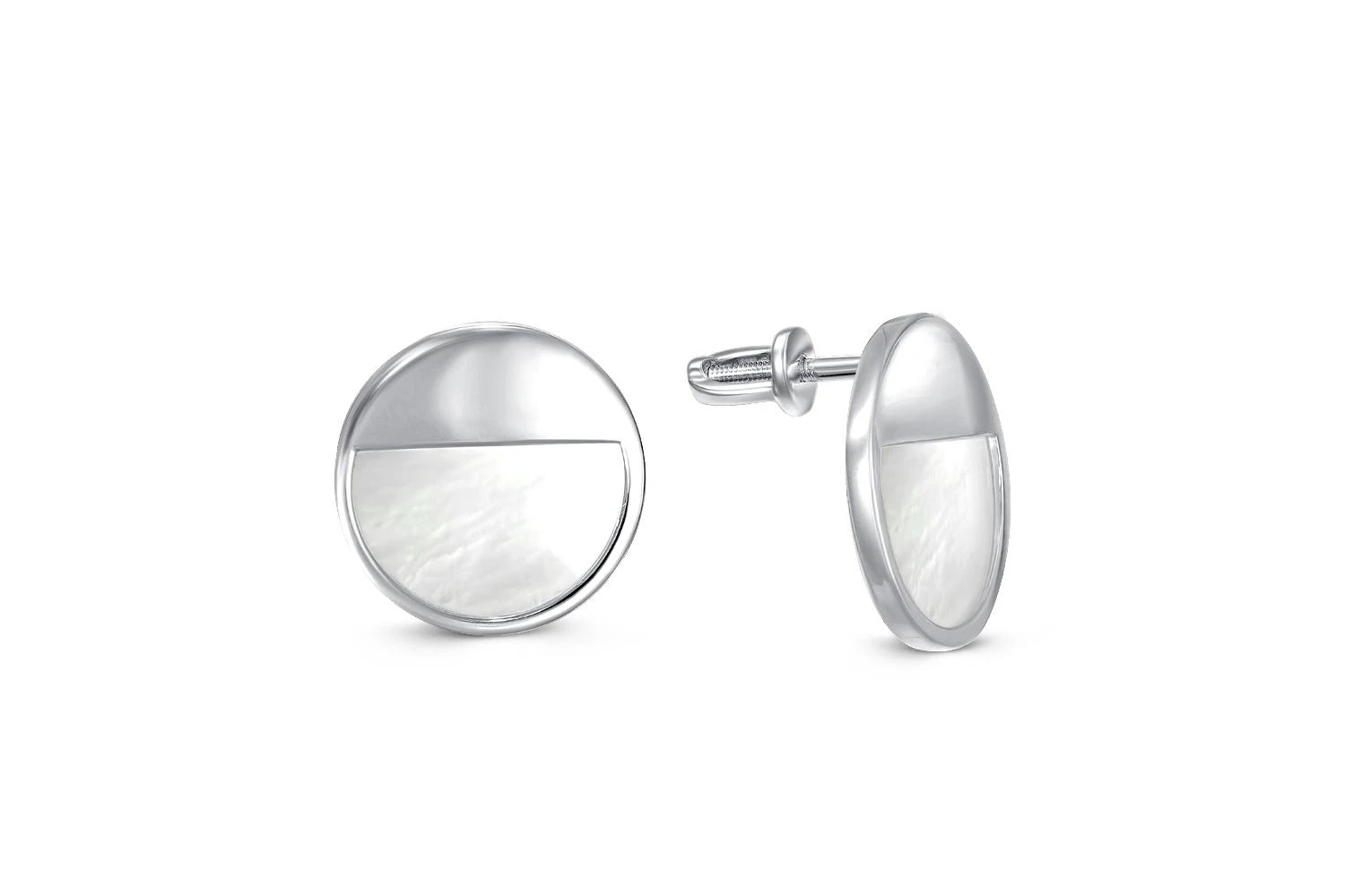Серьги-пусеты Круги из белого золота с перламутром