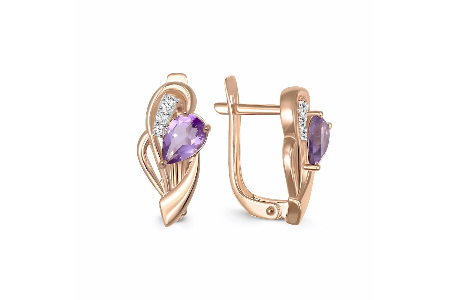 Серьги из красного золота с 2 аметистами и 6 фианитами
