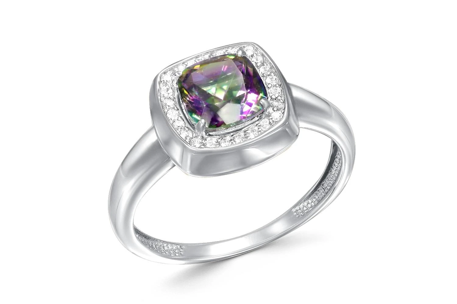 Кольцо из белого золота с кварцем и 24 фианитами