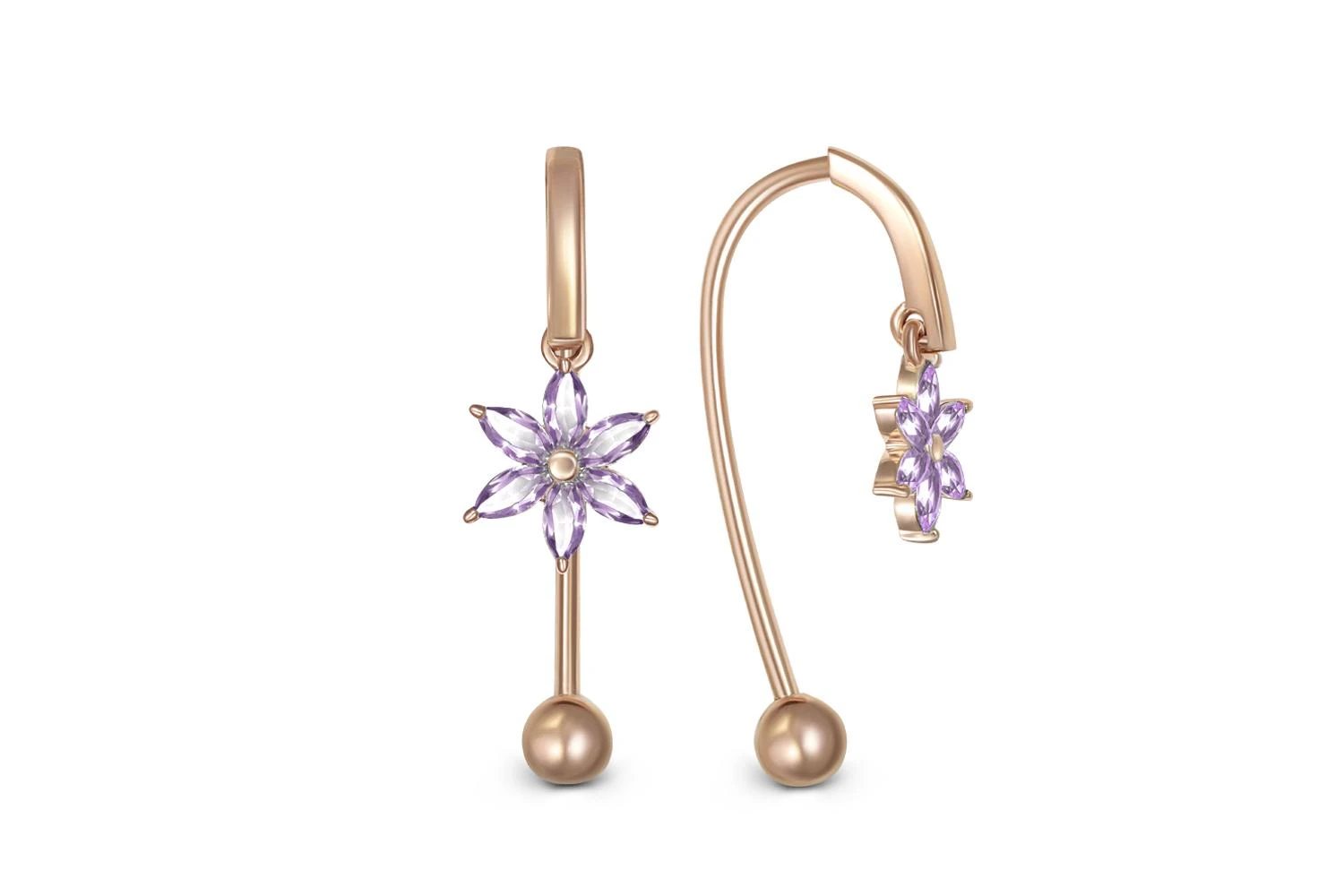 Серьги Цветы из красного золота с 12 аметистами