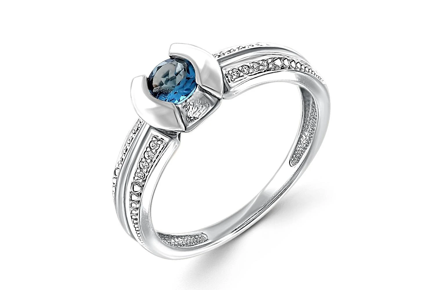 Кольцо из белого золота с топазом лондон и 16 фианитами