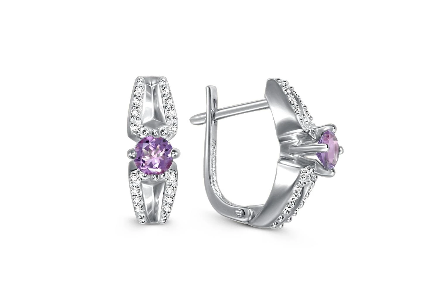 Серьги из белого золота с 2 аметистами и 32 фианитами