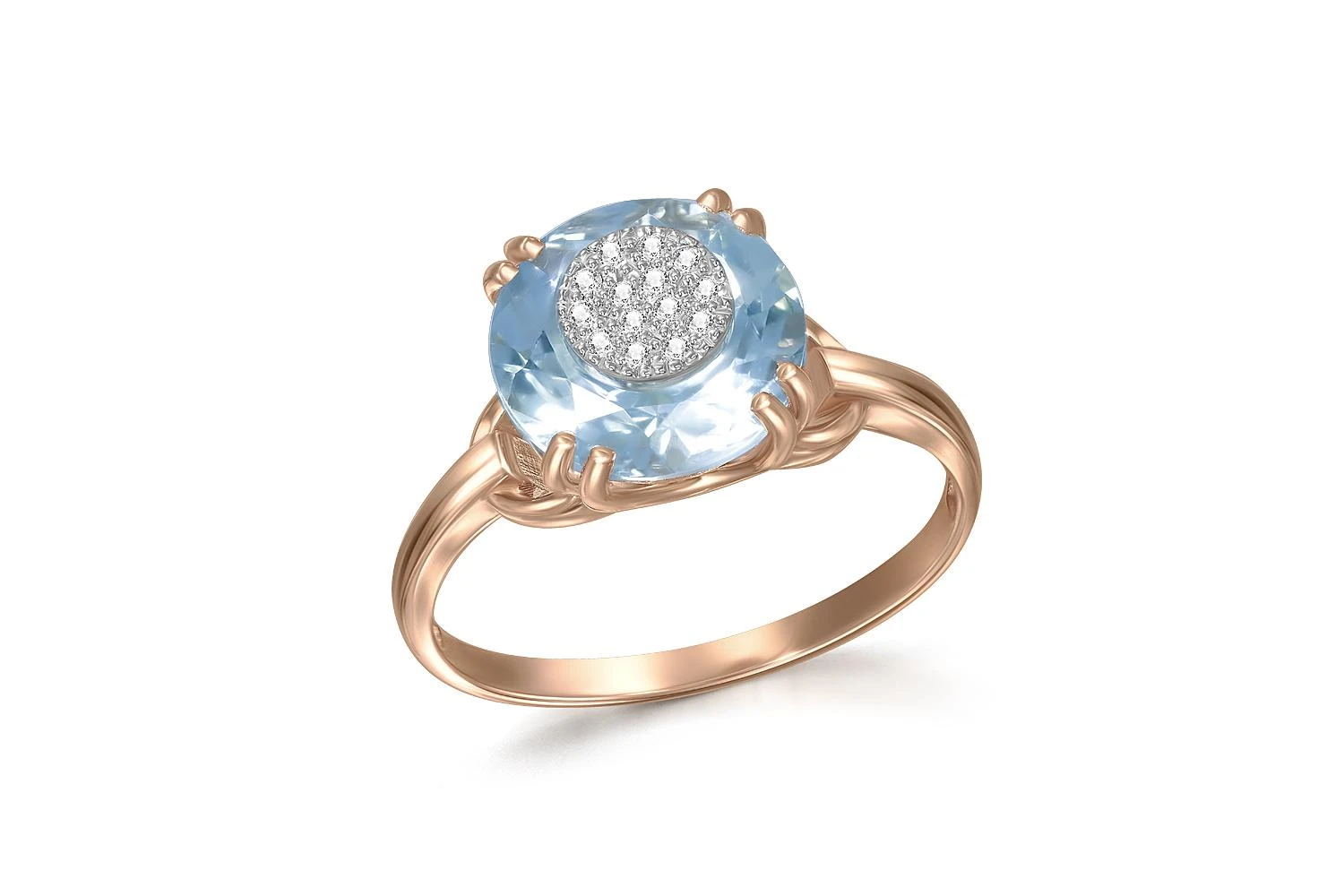 Кольцо из красного золота с топазом sky и 14 бриллиантами