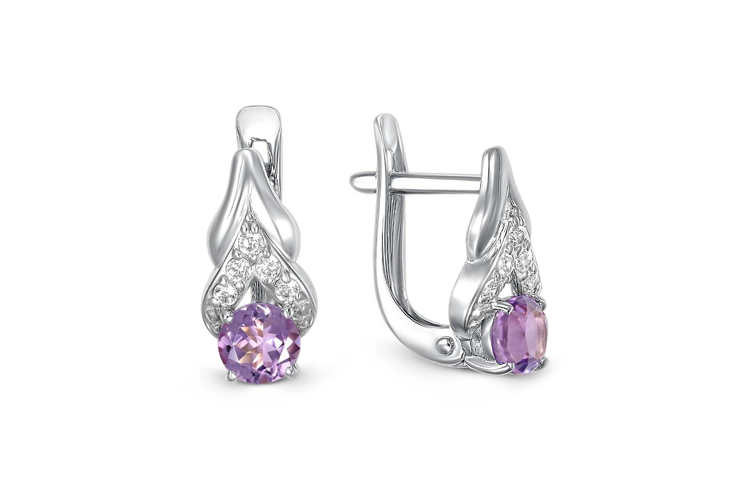 Серьги из белого золота с 2 аметистами и 10 фианитами
