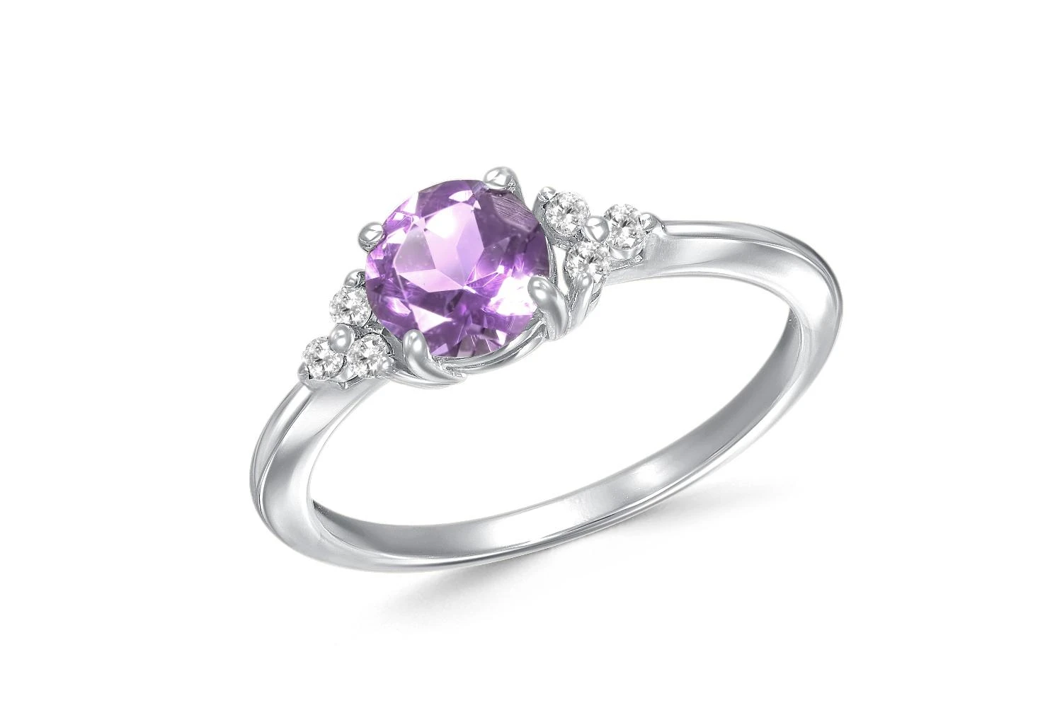 Кольцо из белого золота с аметистом и 6 фианитами