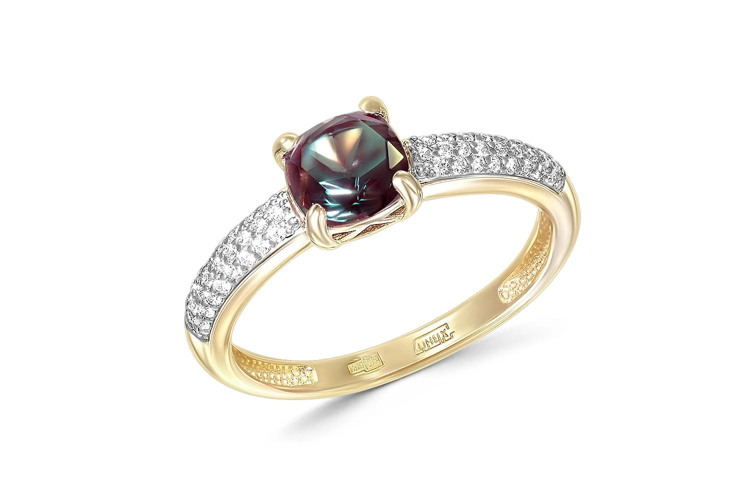 Кольцо из жёлтого золота с александритом и 50 фианитами