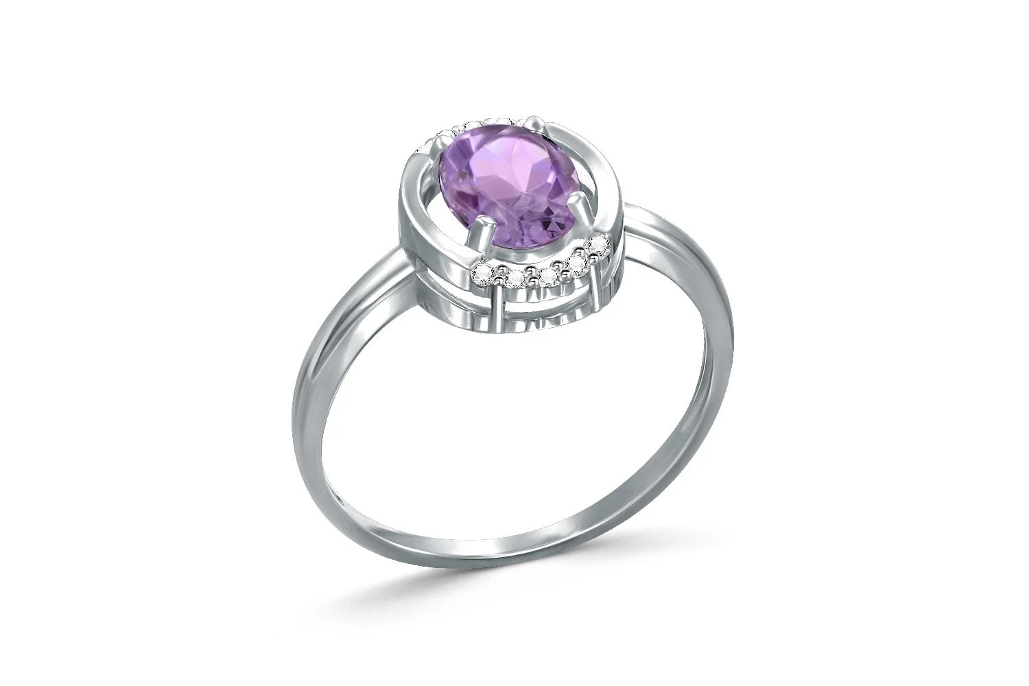 Кольцо из белого золота с аметистом и 10 фианитами
