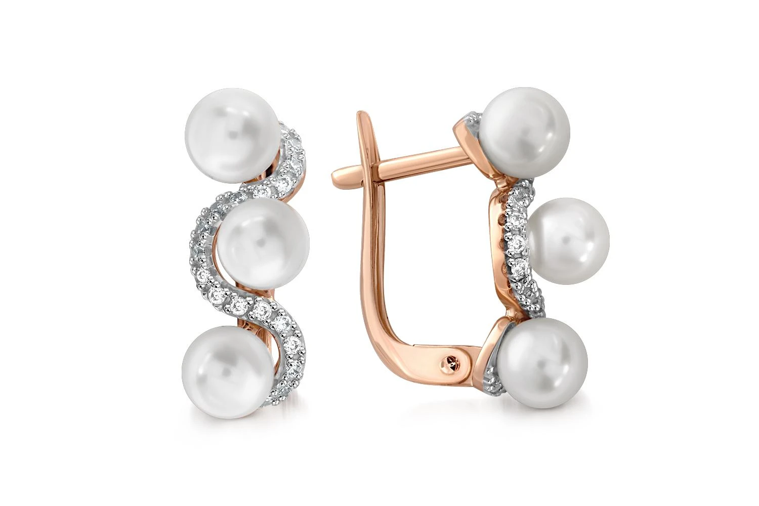 Серьги из красного золота с 6 жемчужинами и 40 фианитами