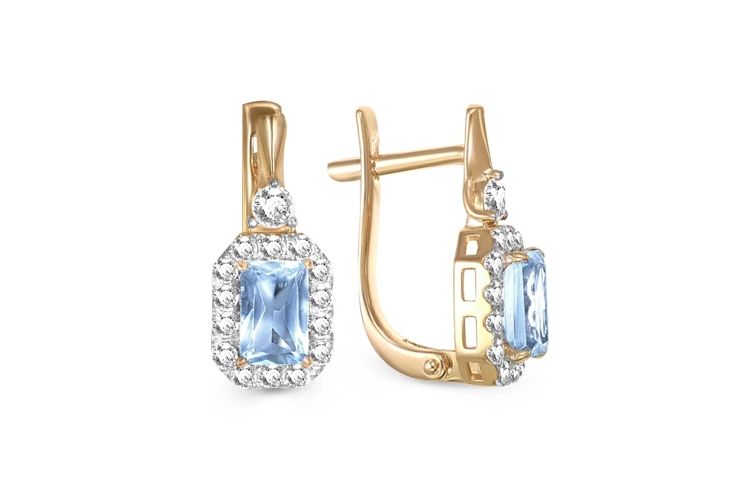 Серьги из жёлтого золота с 2 топазами sky и 30 фианитами