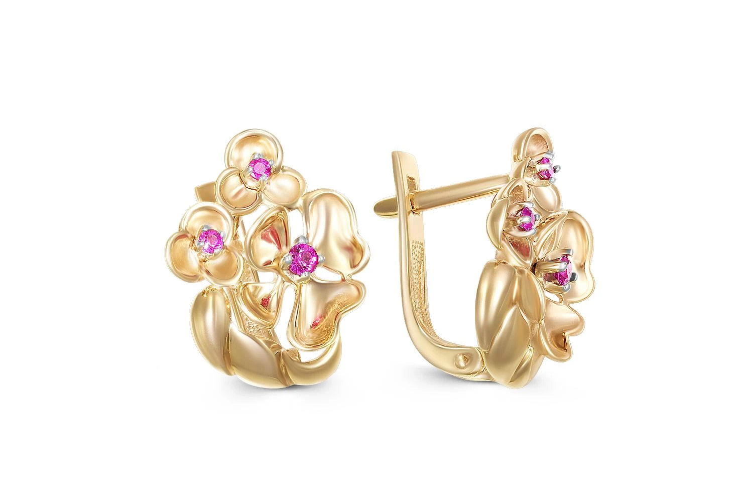Серьги Цветы из жёлтого золота с 6 рубинами
