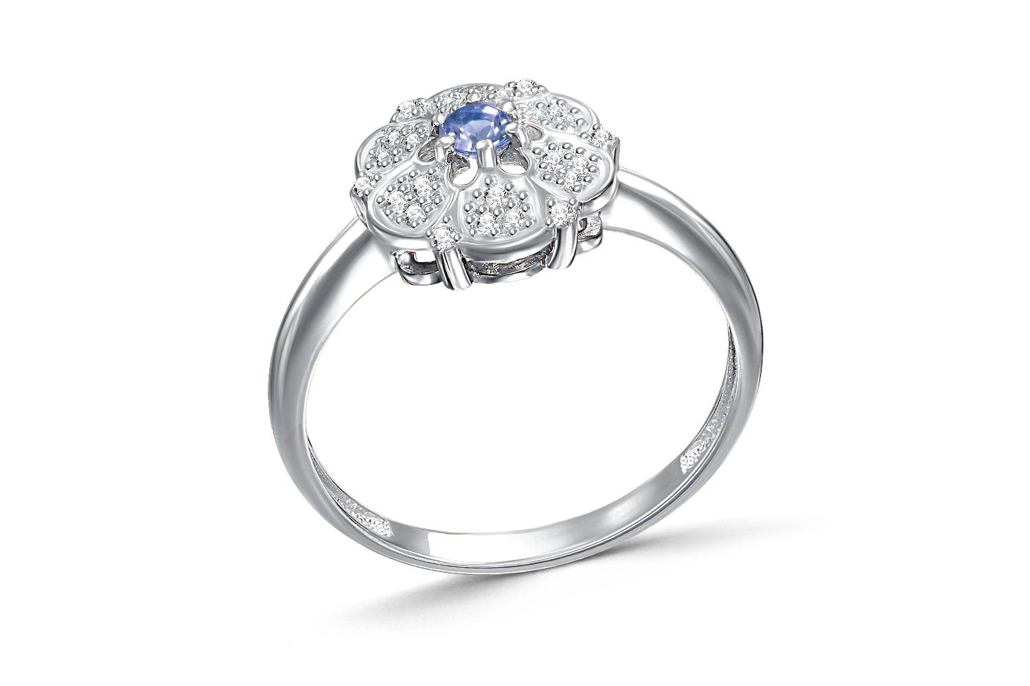 Кольцо Цветок из белого золота с танзанитом и 24 фианитами