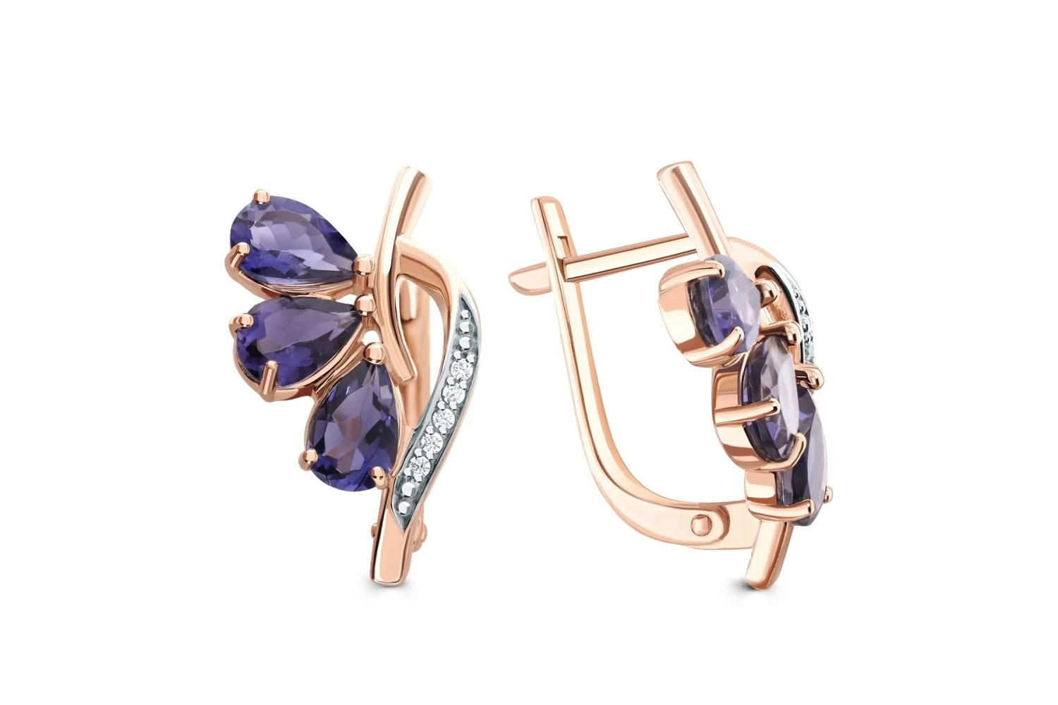 Серьги из красного золота с 6 иолитами и 10 фианитами