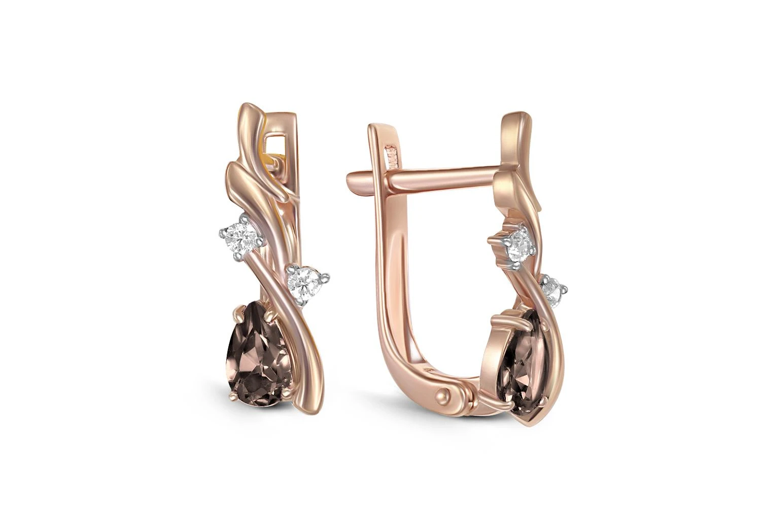 Серьги из красного золота с 2 раухтопазами и 4 фианитами