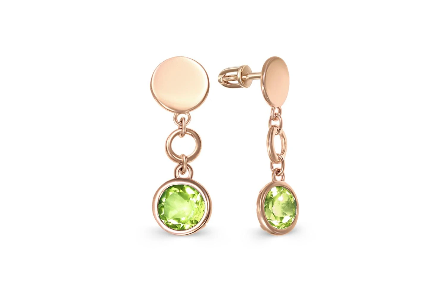 Серьги-пусеты из красного золота с 2 хризолитами