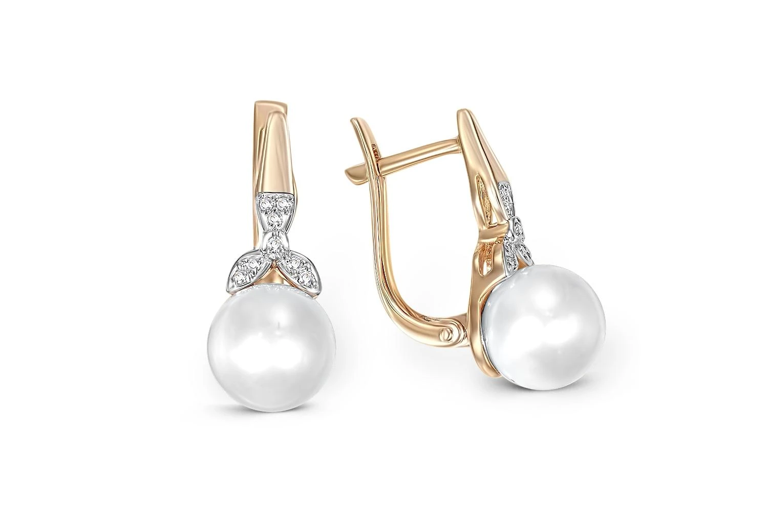 Серьги из красного золота с 2 жемчужинами и 16 бриллиантами