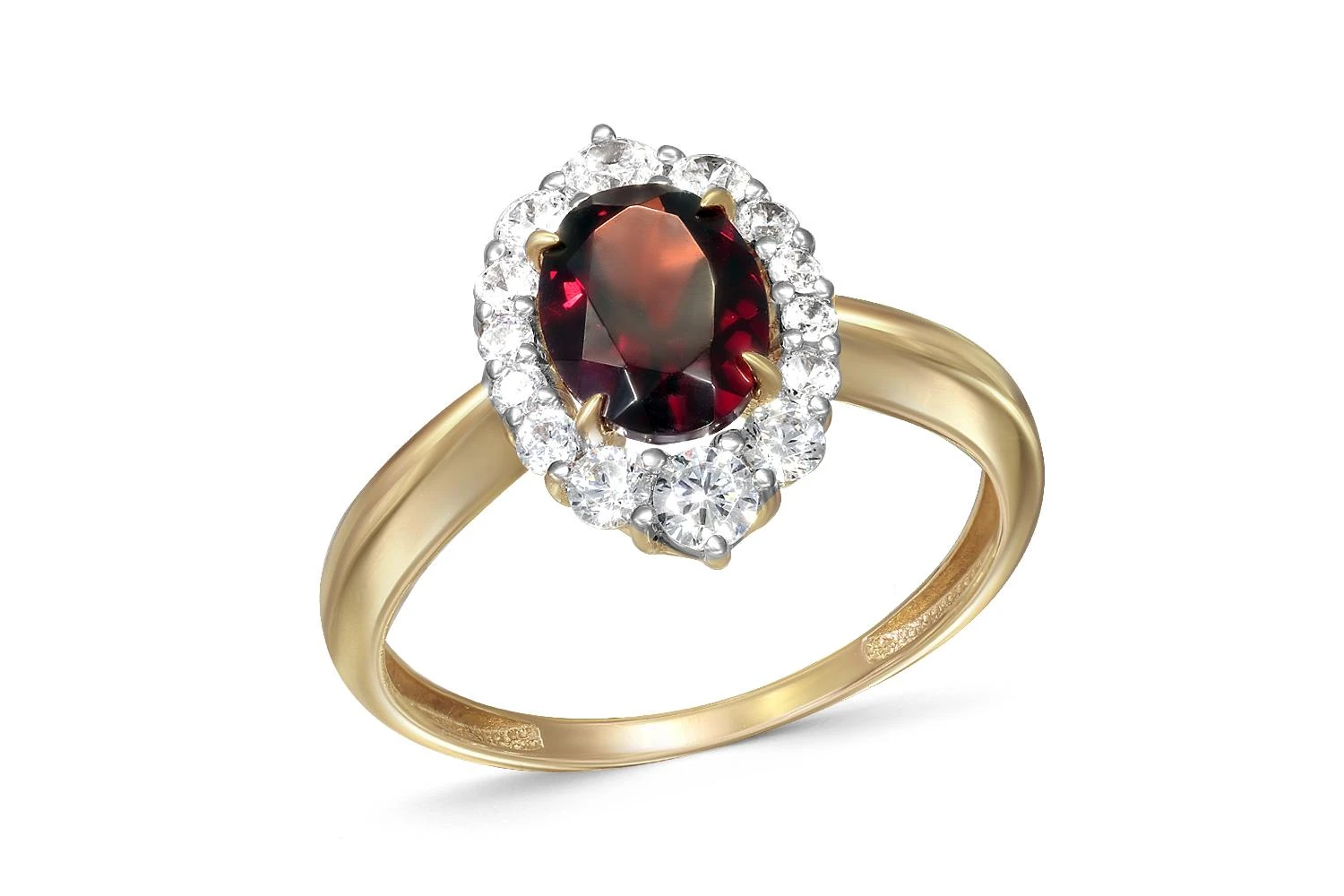 Кольцо из жёлтого золота с гранатом и 14 фианитами