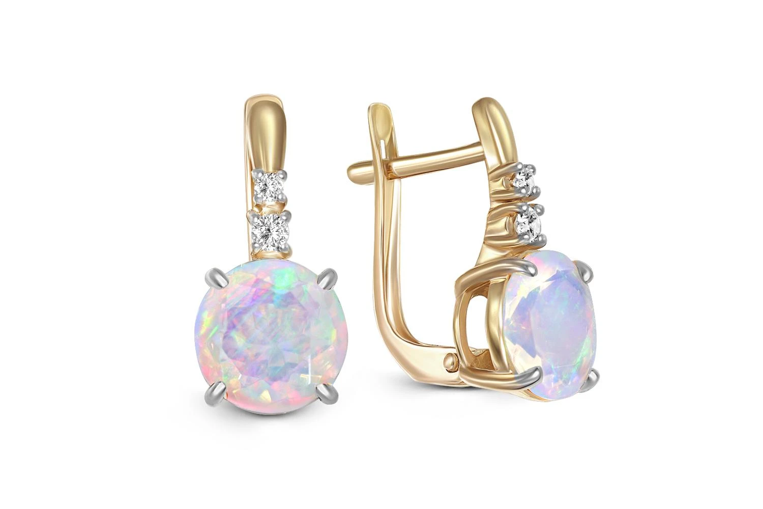 Серьги из жёлтого золота с 2 опалами и 4 фианитами