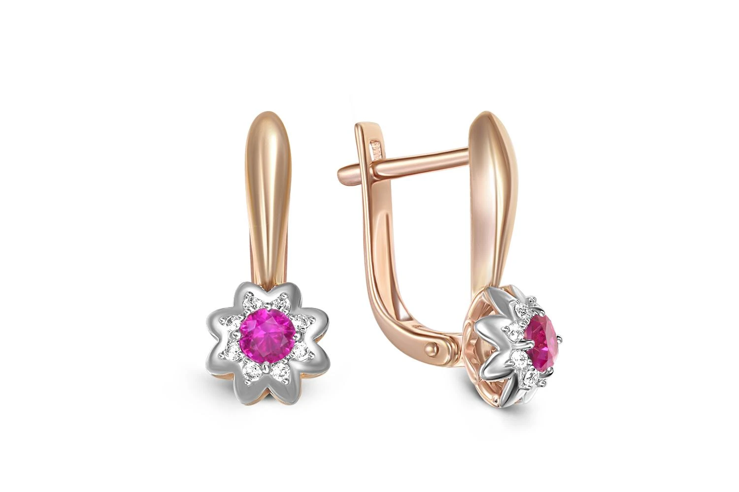Серьги Цветы из красного золота с 2 корундами и 16 бриллиантами